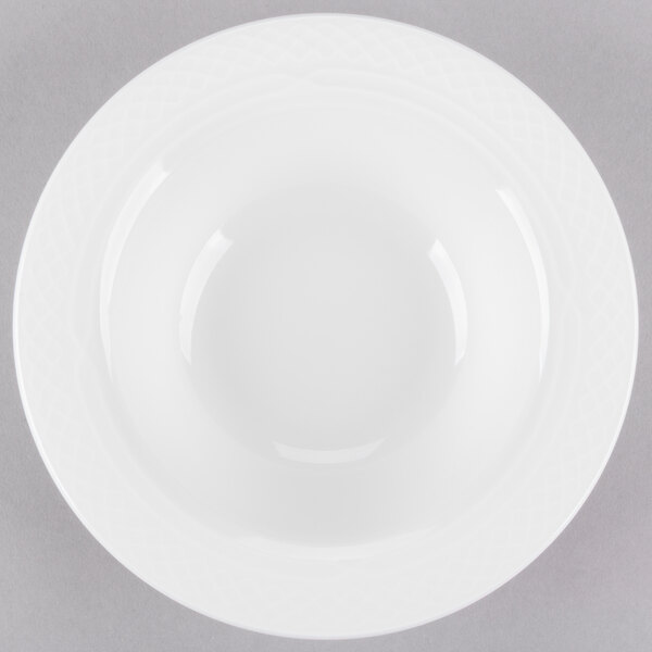 A Homer Laughlin bright white china bowl with a white rim.