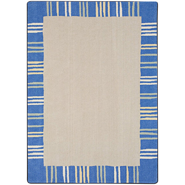 A white and blue rug with blue and yellow stripes.