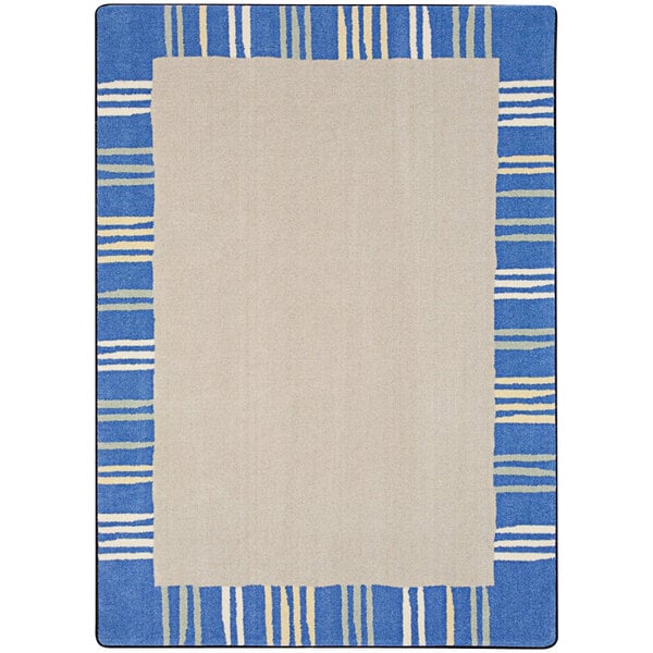 A white rectangular rug with blue and yellow stripes and a blue border.