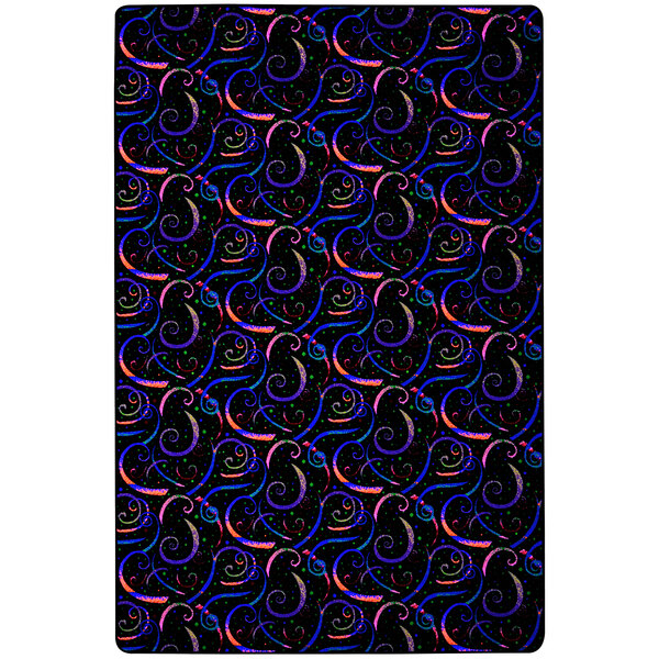 A white rectangular area rug with black and colorful neon swirls and lines.