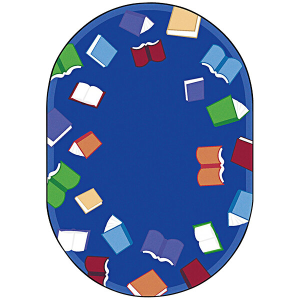 A multi-colored oval rug with books on it.