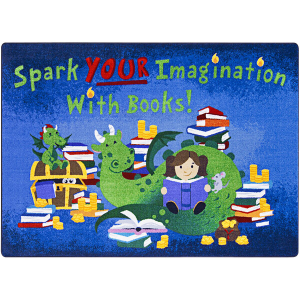 A multicolored rectangular area rug with cartoon characters of a girl reading a book.