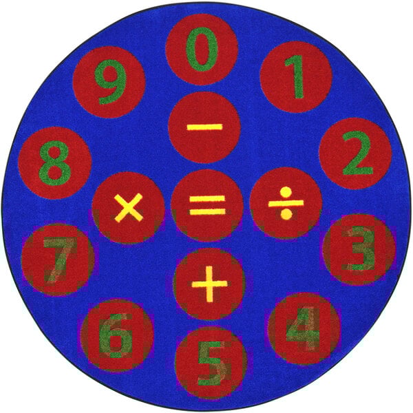 A multicolored circular area rug with numbers and symbols in white and red.