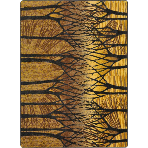 A Joy Carpets rectangular area rug with trees and gold on it.