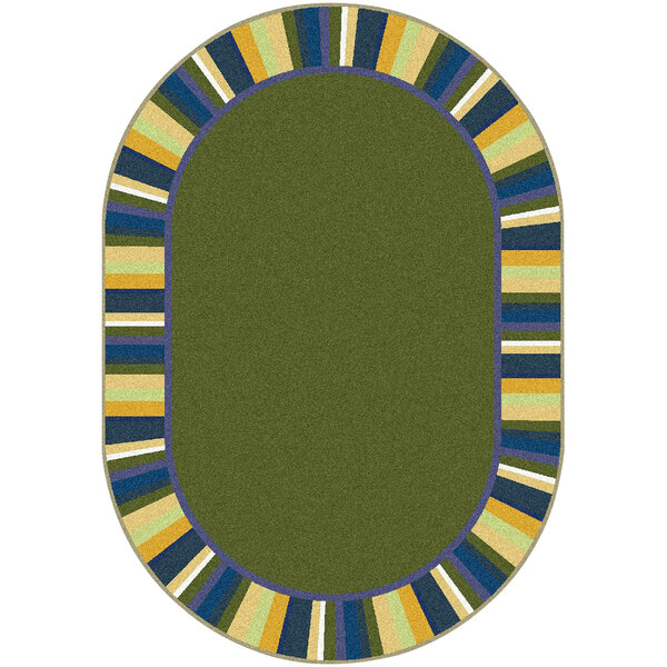 A green oval area rug with blue and yellow stripes.