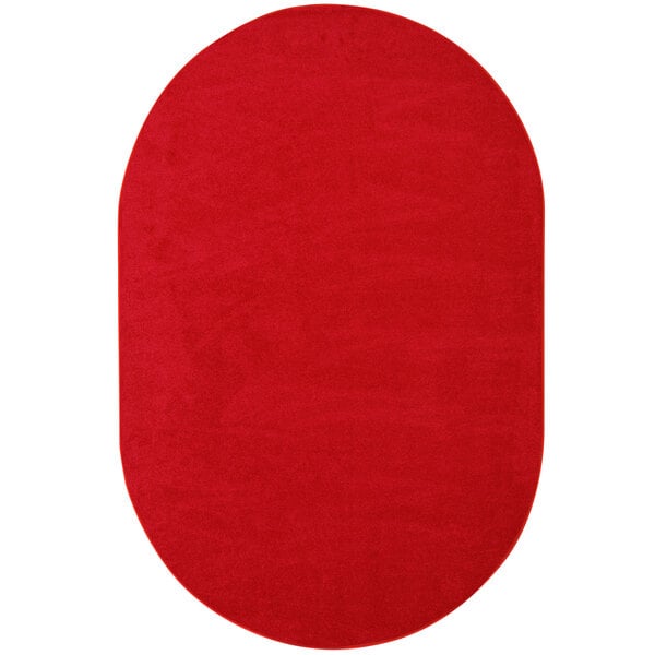 A red oval rug with white border on a white background.