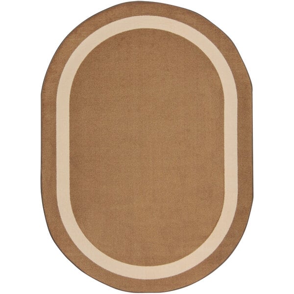 A mocha oval rug with a white border.