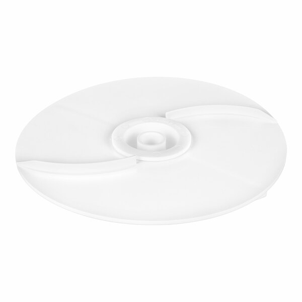 A white, round plastic disc with a raised central hub and two curved ridges on its surface.