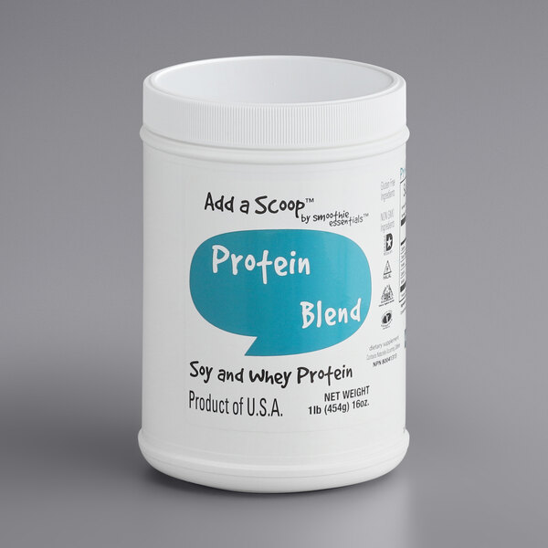 A white container of Add A Scoop Whey & Soy Protein Supplement Powder with blue text.