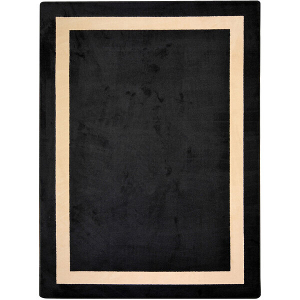 A black and beige rectangular area rug with a white border.