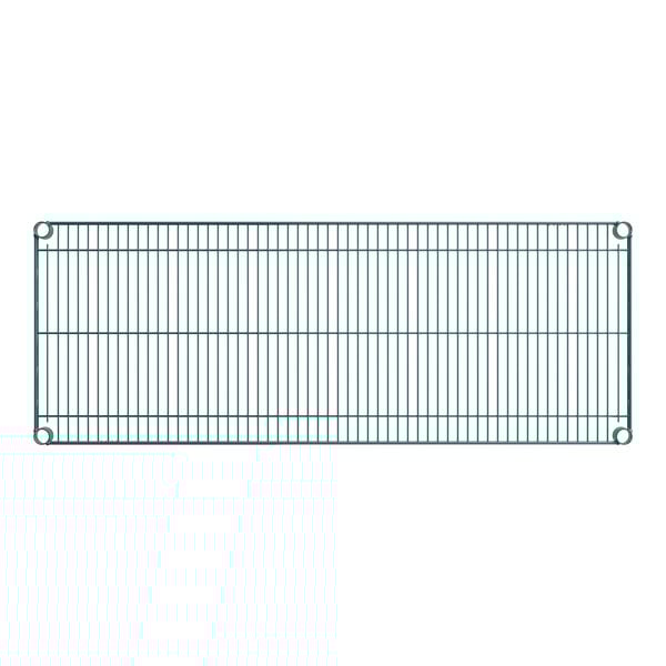 A rectangular green wire shelf with a grid pattern and four corner mounting holes.