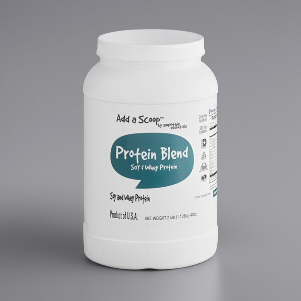 A white container of Add A Scoop Whey & Soy Protein Supplement with a blue label.