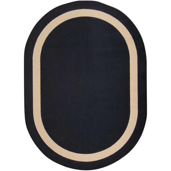 A black oval rug with a white border.