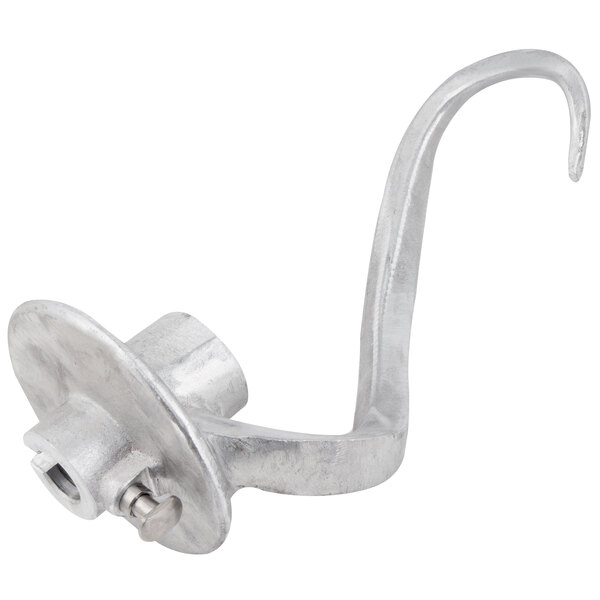 A metal Hobart dough hook with a hook on the end.