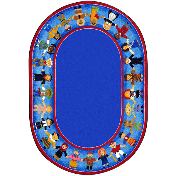 A blue oval rug with cartoon characters of children from different cultures on it.