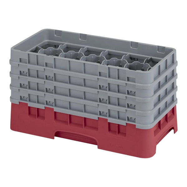 A grey and red plastic Cambro glass rack with extenders.