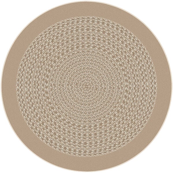 A close-up of a beige round area rug with a pattern of circles.