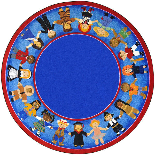 A round multi-colored area rug with cartoon children from many cultures holding hands.