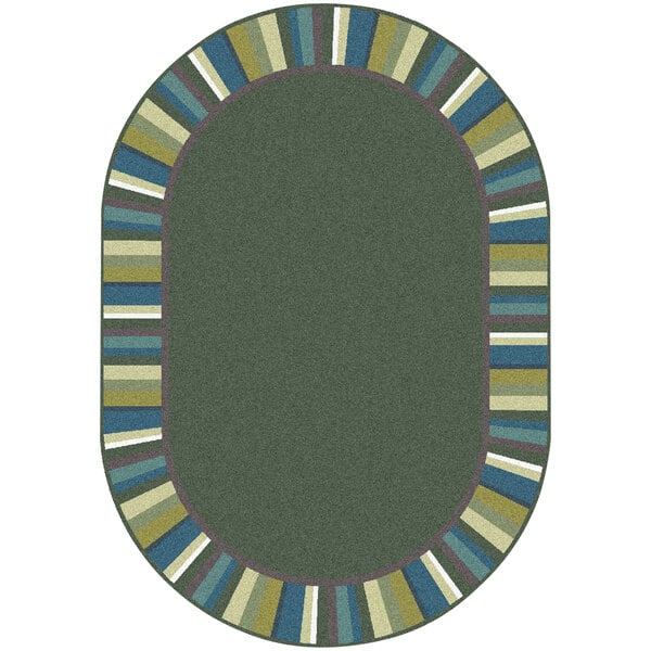 A Joy Carpets soft oval area rug with a blue, green, and yellow striped border.