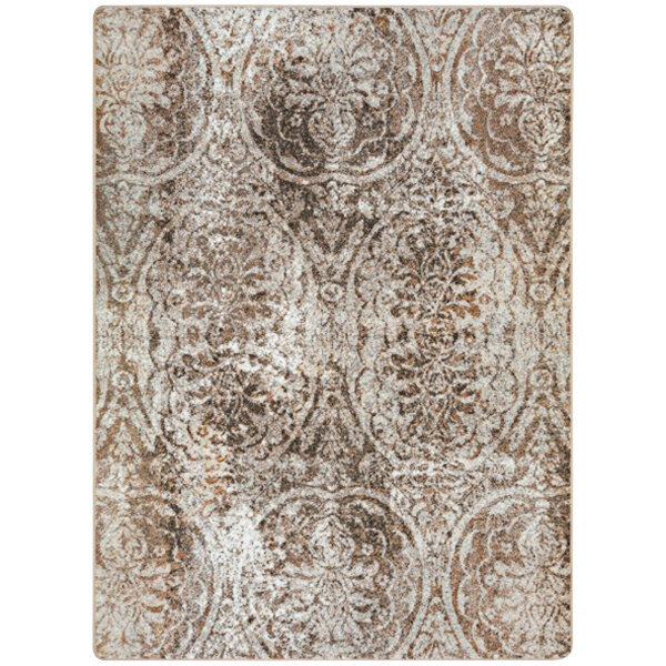 An ornate brown and beige rectangular area rug with a patterned surface.