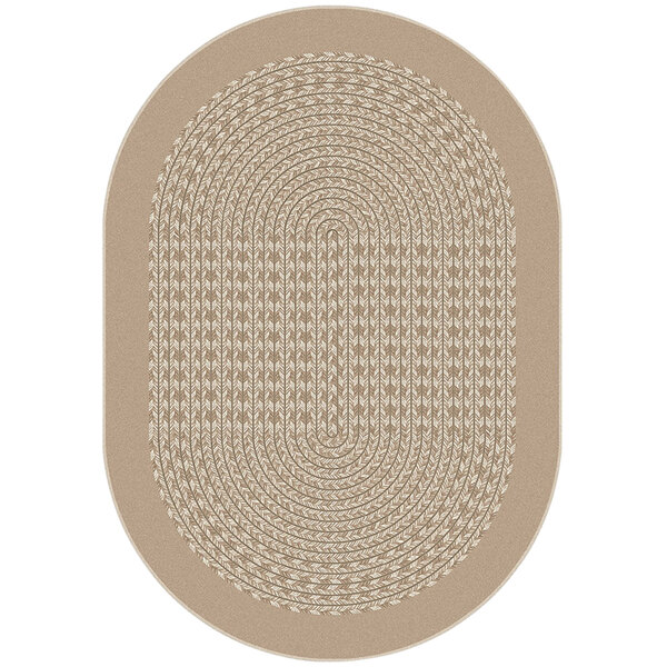 A close-up of a beige Joy Carpets oval area rug with a circular design.