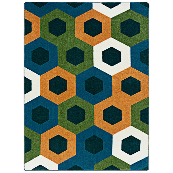 A Joy Carpets Kid Essentials Citrus area rug with hexagons in blue, green, and orange.
