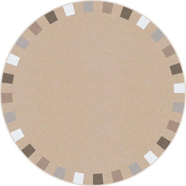 A round brown and white area rug with a border of different colored squares.