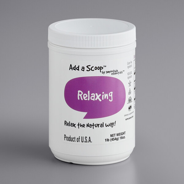 A white container of Add A Scoop Relaxing Blend supplement powder with a purple label.