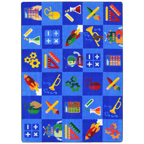 A multicolored rectangular area rug with various school and science symbols in blue, white, red, and yellow.