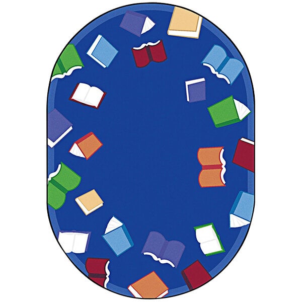 A multi-colored oval rug with blue and green books on it.