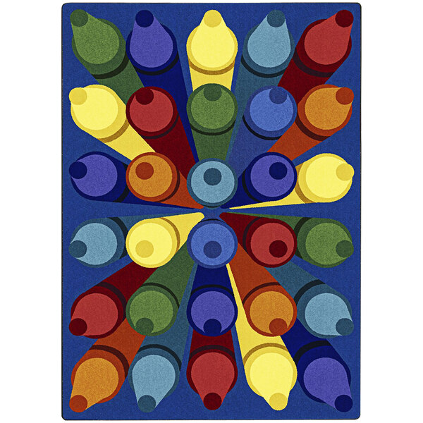 A Joy Carpets multi-colored rectangle area rug with many colors including crayons.