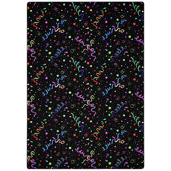 A black rectangular area rug with colorful confetti and ribbons.