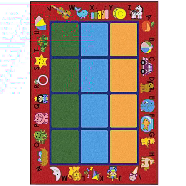 A red Joy Carpets area rug with letters and numbers in different colored squares.