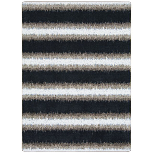 A close-up of a black and white striped Joy Carpets area rug with a white border.