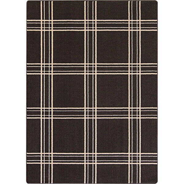 An espresso rectangle area rug with a white border and black and white checkered pattern.