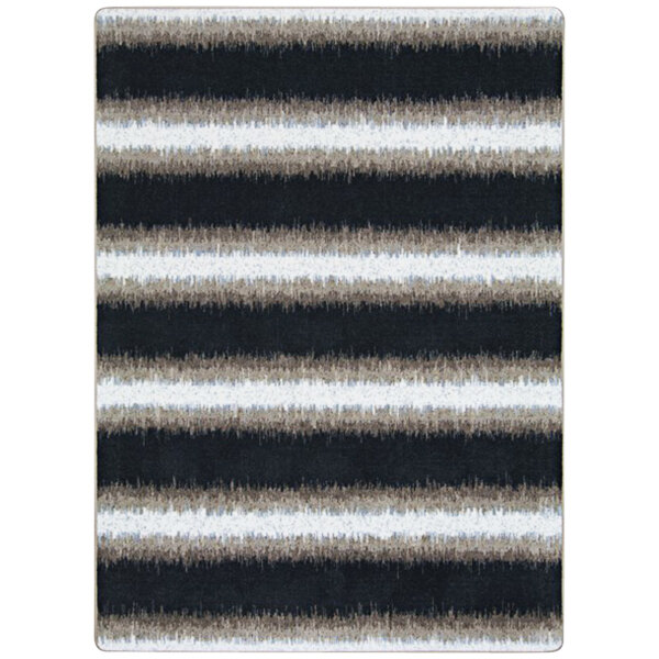 A close-up of a Joy Carpets rectangular area rug with black and white stripes and a brown stripe.
