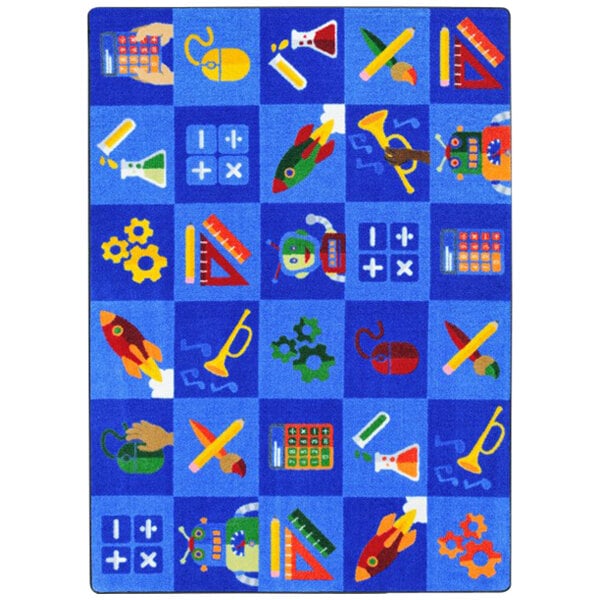 A blue rug with various school and science symbols in white.