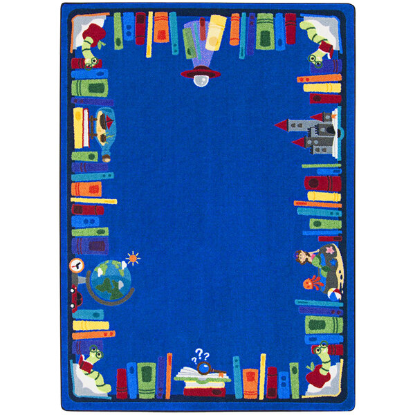 A multi-colored rectangular area rug with a picture of books on it.