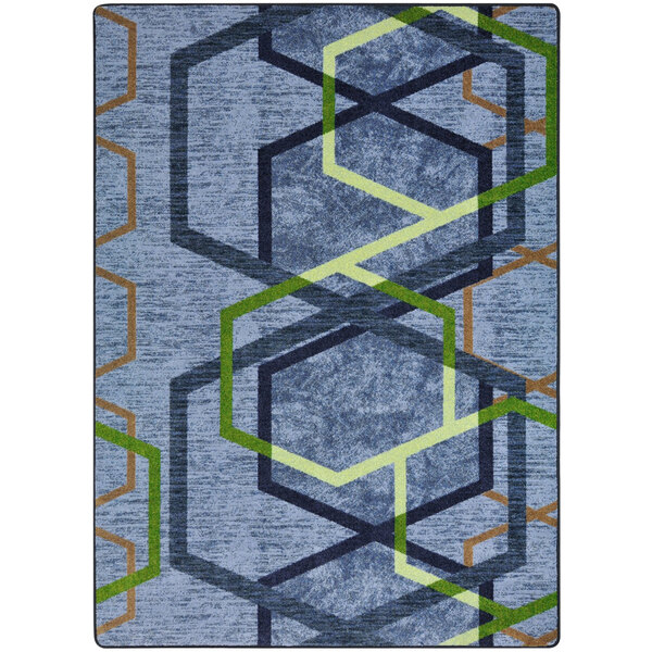 An emerald green Joy Carpets area rug with hexagons and geometric shapes.
