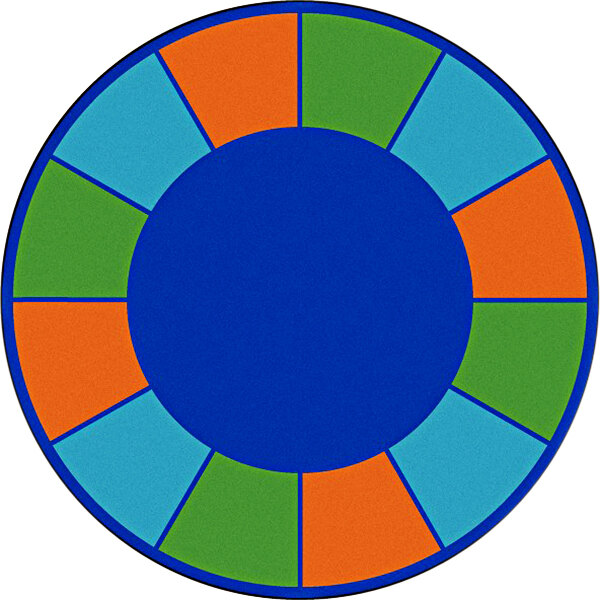 A multicolored circular area rug with blue and orange squares.