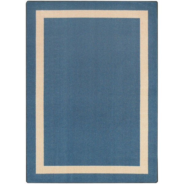 A blue rectangular rug with a beige border.