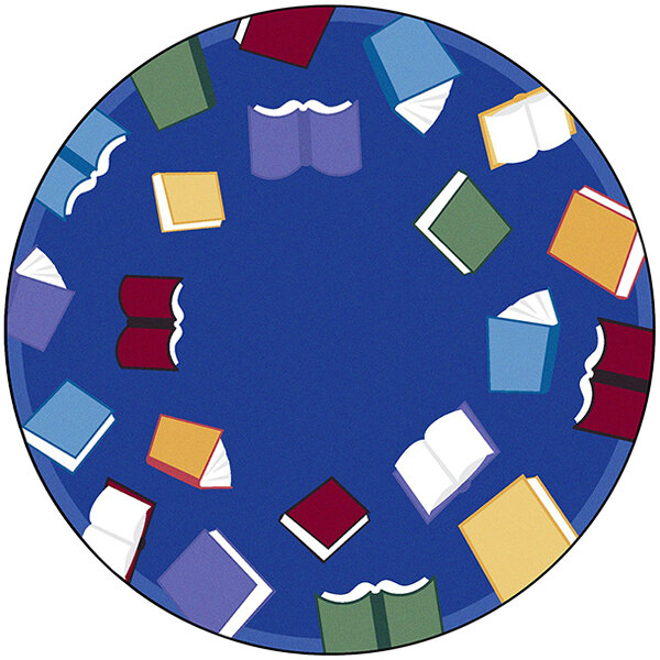 A circular area rug with a pattern of books in multiple colors.