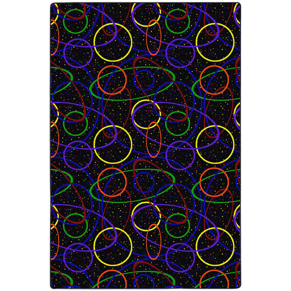 A black rectangular area rug with colorful circles on it.