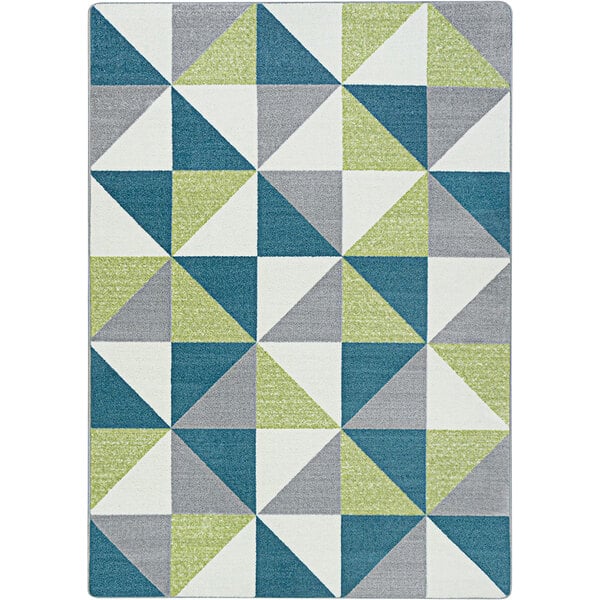 A Joy Carpets Claremont Calypso area rug with blue, green, and grey triangles.