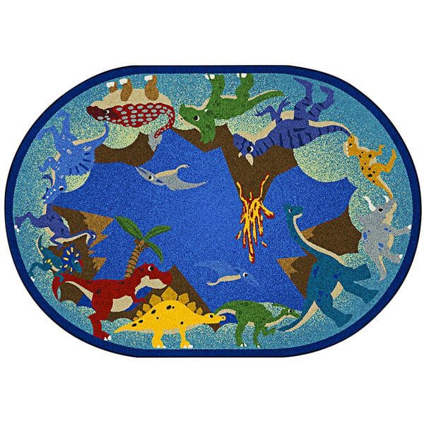 A multi-colored oval area rug with dinosaurs and other animals on it.