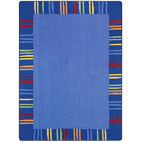 A blue rug with multicolored stripes.