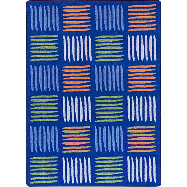 A multicolored rectangular area rug with blue, orange, and green lines.