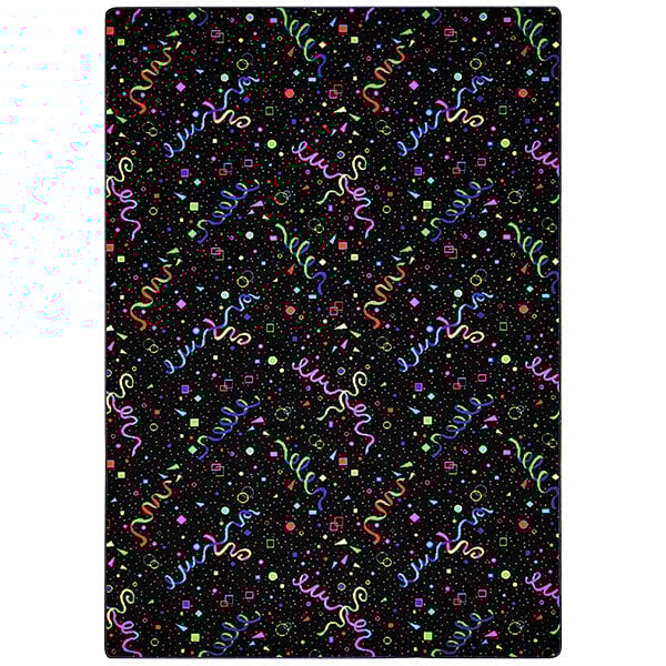 A black rectangular area rug with colorful confetti and ribbons.