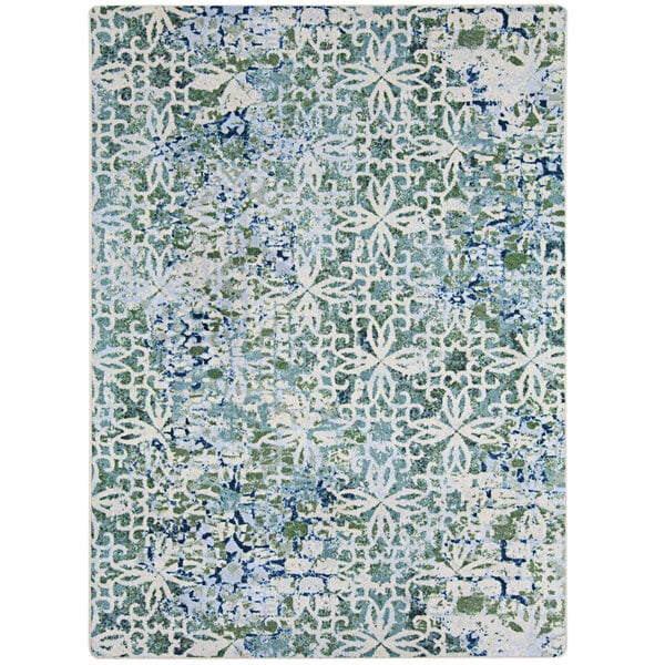 A sea green rectangular area rug with a blue and green pattern.