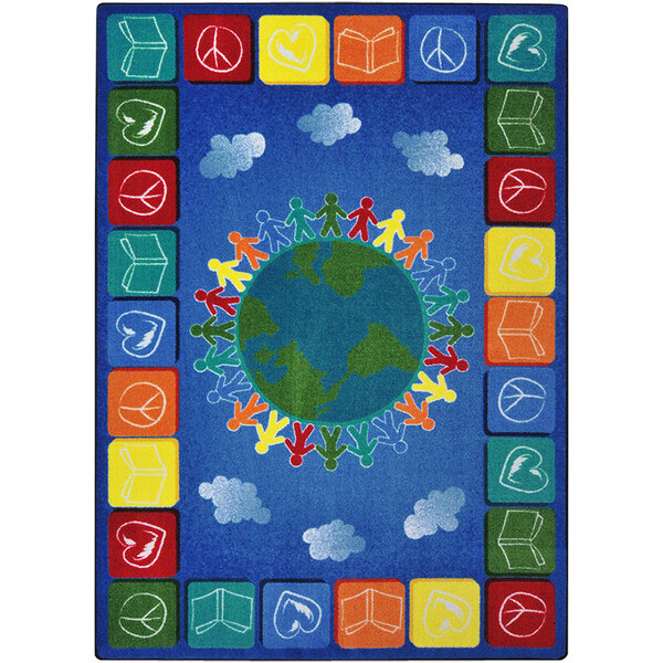 A multicolored rug with colorful symbols and people around the earth.